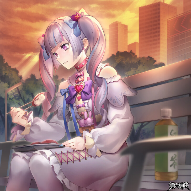 1girl bags_under_eyes bench blue_bow blue_hair blue_nails blunt_bangs blunt_sidelocks bottle bow bowtie brooch building buttons candy center_frills chopsticks clothing_cutout cloud collar copyright_name cross-laced_clothes curly_hair dairoku_ryouhei dress dusk earrings eating empty_eyes feet_out_of_frame fish_(food) food food-themed_clothes food-themed_earrings frilled_dress frilled_sleeves frills hair_bow hair_ornament heart heart_brooch heart_hair_ornament holding holding_chopsticks jewelry knees_together_feet_apart lonely long_sleeves multicolored_hair multicolored_nails nail_polish nigirizushi orange_nails outdoors pantyhose park_bench parted_lips pink_collar pink_hair pink_nails puffy_long_sleeves puffy_sleeves purple_bow purple_bowtie purple_eyes rabbit_ornament shoulder_cutout solo spiked_collar spikes strawberry_earrings streaked_hair stud_earrings sushi tanaka_(tw) tochigi_saline tree twintails unhappy white_dress white_pantyhose wrapped_candy yume_kawaii