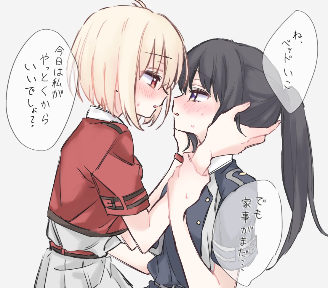 2girls black_hair blonde_hair blue_dress blush commentary_request dress eye_contact grey_background hands_on_another's_head hands_on_another's_wrists inoue_takina long_hair looking_at_another lycoris_recoil lycoris_uniform medium_hair multiple_girls nishikigi_chisato parted_lips ponytail purple_eyes red_dress red_eyes short_sleeves simple_background speech_bubble sweat syonosuke9573 translation_request upper_body yuri