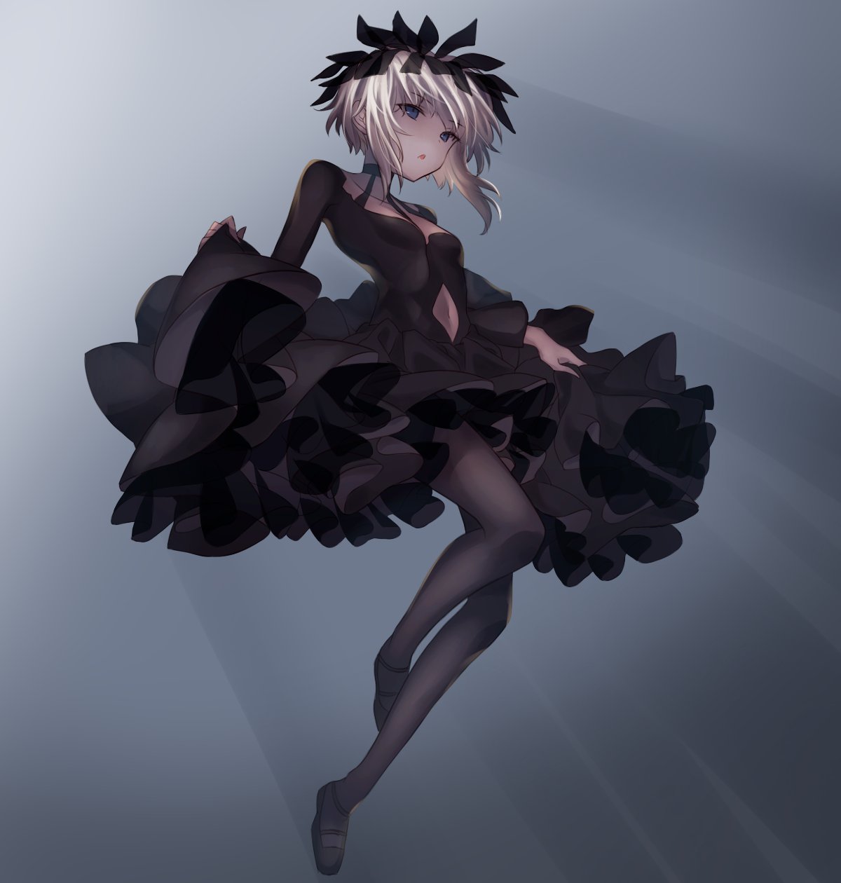 1girl am_isuel black_dress black_footwear black_pantyhose breasts cleavage_cutout clothing_cutout dress full_body head_wreath highres layered_dress light_rays lolita_fashion long_sleeves navel_cutout pale_skin pantyhose rance_(series) simple_background small_breasts solo white_hair yononaka