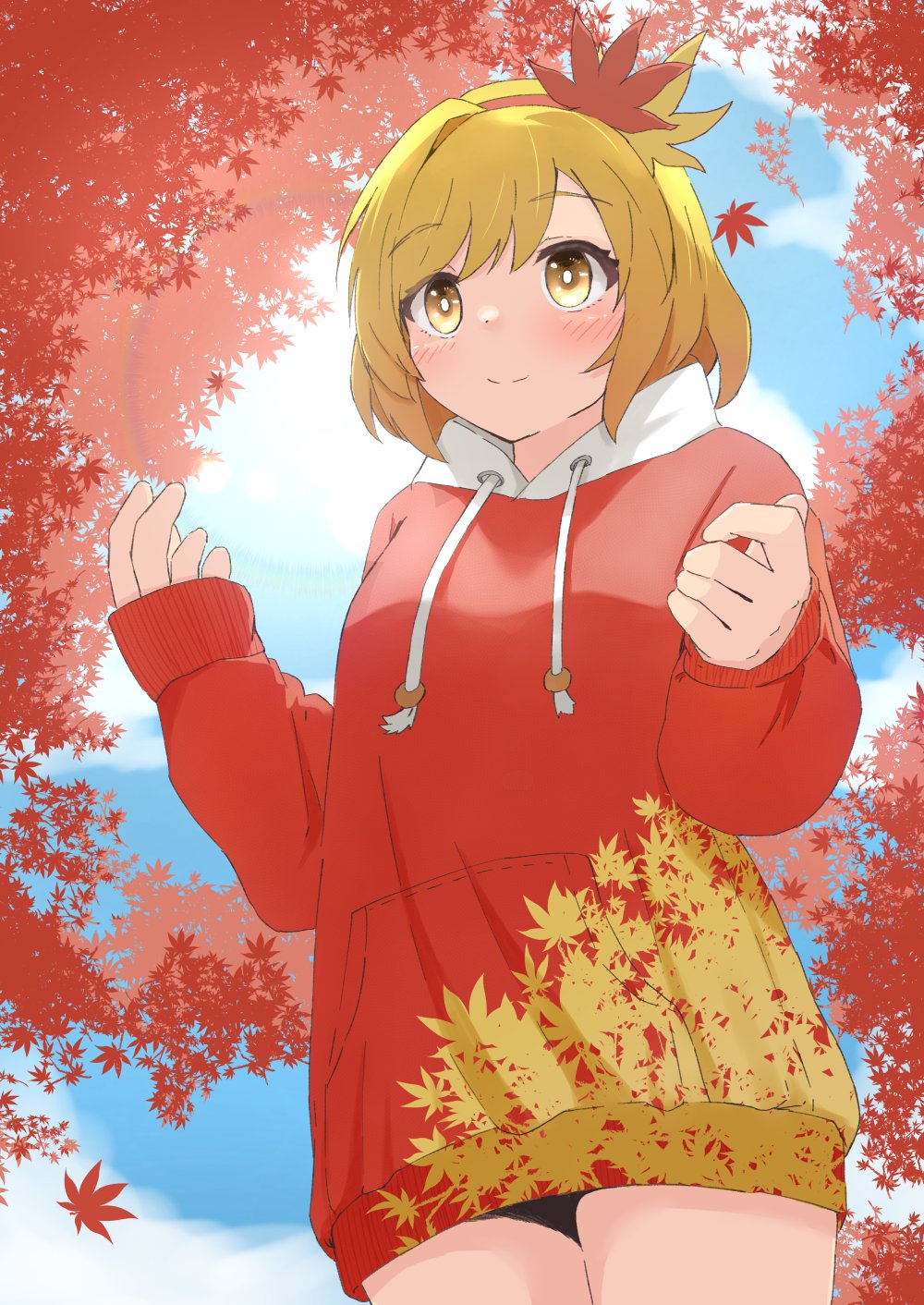 1girl aki_shizuha autumn_leaves bare_legs black_panties blonde_hair blue_sky breasts closed_mouth commentary_request day falling_leaves from_below hair_ornament happy highres hood hood_down hoodie leaf leaf_hair_ornament leaf_print long_sleeves mizune_(winter) orange_hoodie outdoors panties puffy_sleeves short_hair sky small_breasts smile solo touhou underwear yellow_eyes