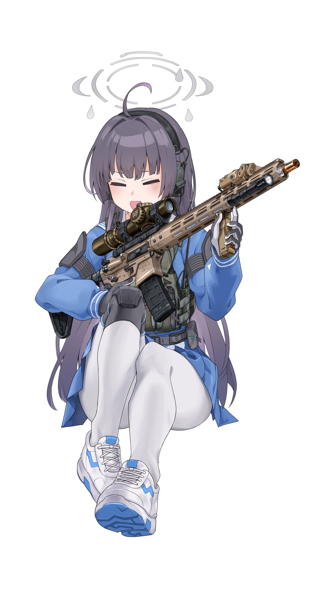 1girl =_= ahoge ammunition_pouch arm_armor assault_rifle black_gloves black_hair blue_archive blue_serafuku blue_skirt blush bulletproof_vest clov3r ear_protection earphones flashlight flustered foregrip gloves grey_halo gun halo highres holding holding_gun holding_weapon knee_pads laser_sight long_hair magazine_(weapon) miyu_(blue_archive) on_floor open_mouth optical_sight pantyhose pleated_skirt pouch radio rifle school_uniform scope serafuku simple_background single_knee_pad sitting skirt sniper_rifle solo weapon white_background white_pantyhose white_sneakers