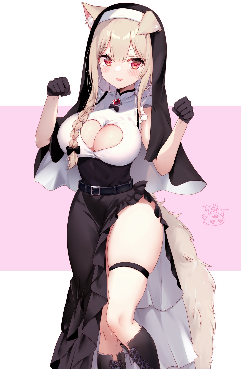 1girl animal_ears belt black_footwear black_gloves blush boots braid breasts cat_ears cleavage cleavage_cutout clothing_cutout dress ears_through_headwear gloves heart heart-shaped_pupils heart_cutout highres iriam kakerayuri knee_boots large_breasts light_brown_hair nun paw_pose red_eyes sleeveless sleeveless_dress smile solo symbol-shaped_pupils tail thigh_strap thighs veil virtual_youtuber