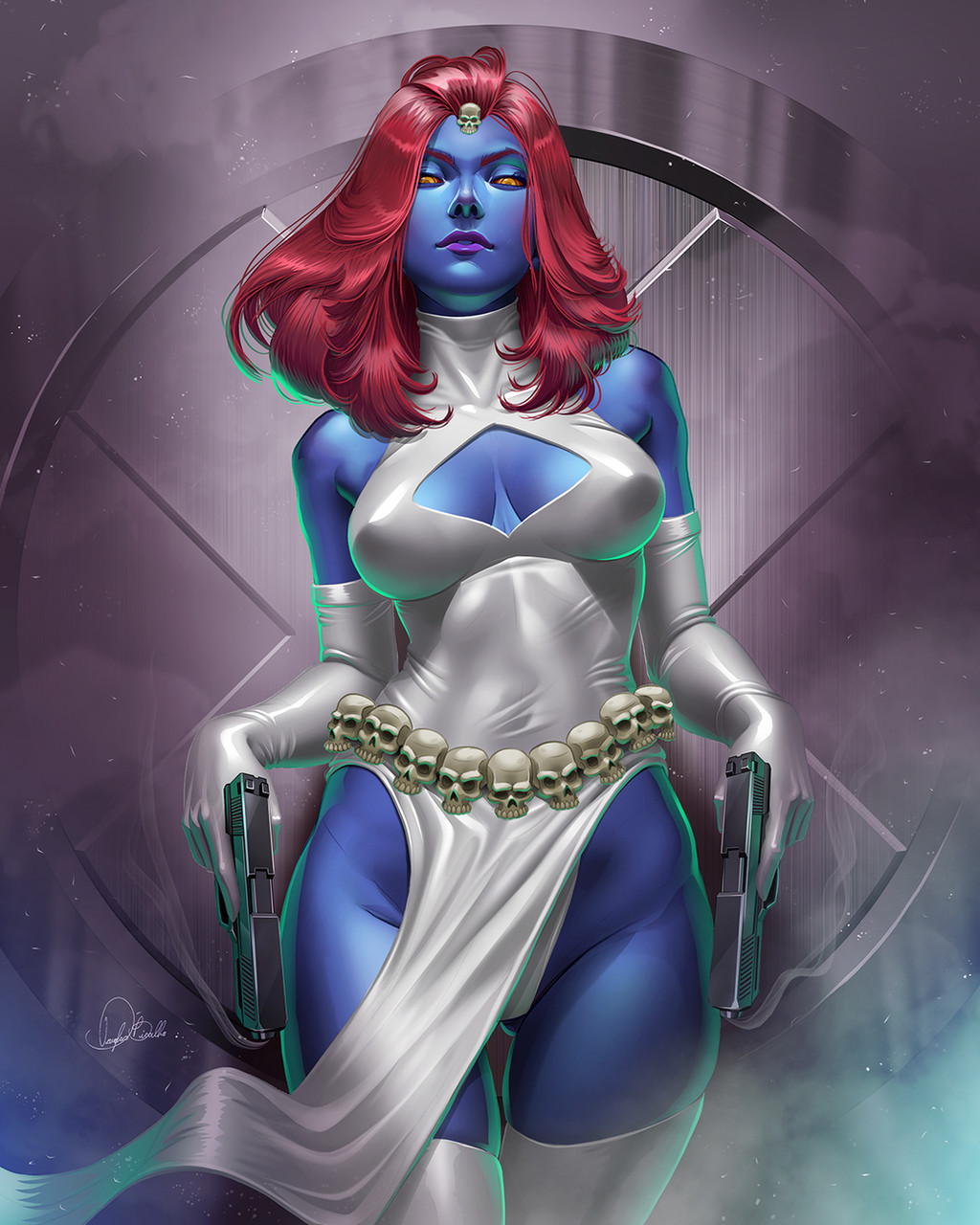 1girl bare_shoulders blue_skin cleavage_cutout clothing_cutout colored_skin covered_nipples douglas_bicalho dual_wielding elbow_gloves gloves gun hair_ornament high_collar highres holding holding_gun holding_weapon leotard long_hair looking_at_viewer marvel mystique paid_reward_available pelvic_curtain red_hair signature skull_belt skull_hair_ornament solo thighhighs weapon white_gloves white_leotard white_thighhighs x-men yellow_eyes