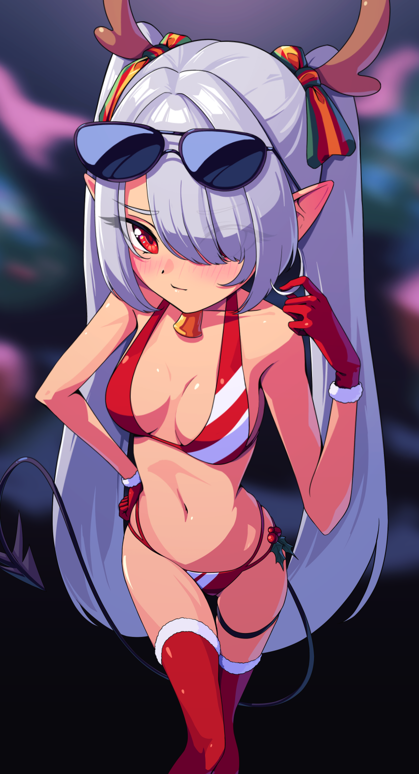 1girl alternate_costume bikini black-framed_eyewear blue_archive blush breasts dark-skinned_female dark_skin demon_girl demon_tail eyewear_on_head fake_antlers fur-trimmed_gloves fur-trimmed_thighhighs fur_trim gloves grey_hair hair_over_one_eye hand_on_own_hip highres iori_(blue_archive) long_hair looking_at_viewer navel pankeiki pointy_ears red_bikini red_eyes red_gloves red_thighhighs small_breasts smile solo sunglasses swimsuit tail thigh_strap thighhighs twintails