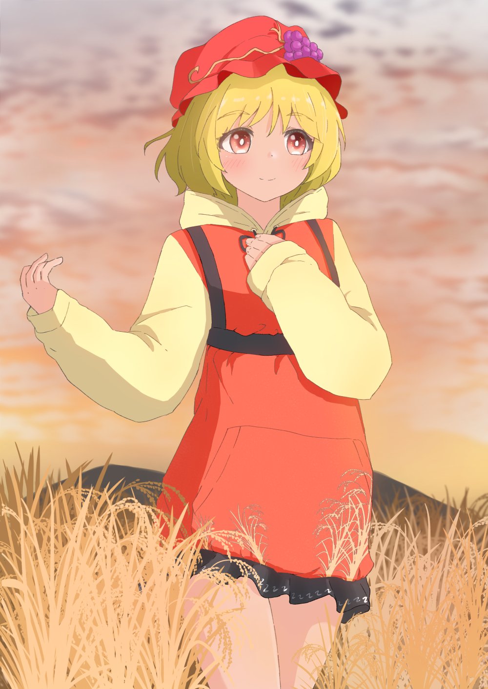 1girl adapted_costume aki_minoriko bare_legs blonde_hair closed_mouth commentary_request cowboy_shot frilled_hoodie happy hat highres hood hood_down hoodie mizune_(winter) mob_cap mountainous_horizon orange_eyes orange_hat orange_hoodie outdoors short_hair smile solo touhou yellow_hoodie