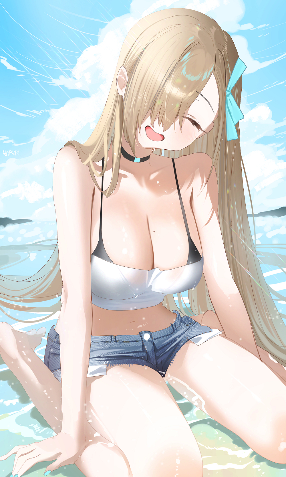 1girl ^_^ asuna_(blue_archive) bare_arms bare_legs bare_shoulders bikini bikini_under_clothes black_choker blonde_hair blue_archive blue_sky choker closed_eyes cloud commentary_request day denim denim_shorts facing_viewer hair_over_one_eye haruri head_tilt highres long_hair midriff navel shorts sitting sky solo strapless swimsuit thighs tube_top very_long_hair wariza