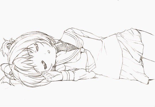 1girl cardcaptor_sakura closed_eyes greyscale hair_bobbles hair_ornament himehachi_(hime8manga) kinomoto_sakura lying monochrome neckerchief on_side parted_lips sailor_collar school_uniform short_hair simple_background sketch skirt sleeping solo tomoeda_elementary_school_uniform