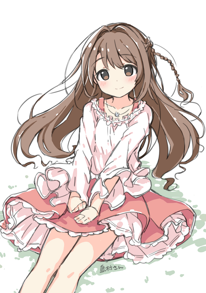 1girl blush braid breasts brown_eyes brown_hair character_name collarbone cowboy_shot curtained_hair dot_nose floating_hair frilled_shirt frills hands_on_own_thighs idolmaster idolmaster_cinderella_girls jewelry kuresuku_(lessons) long_hair long_sleeves looking_at_viewer necklace own_hands_together petticoat pink_skirt shimamura_uzuki shirt simple_background single_braid sitting skirt small_breasts solo wavy_hair white_background wide_sleeves