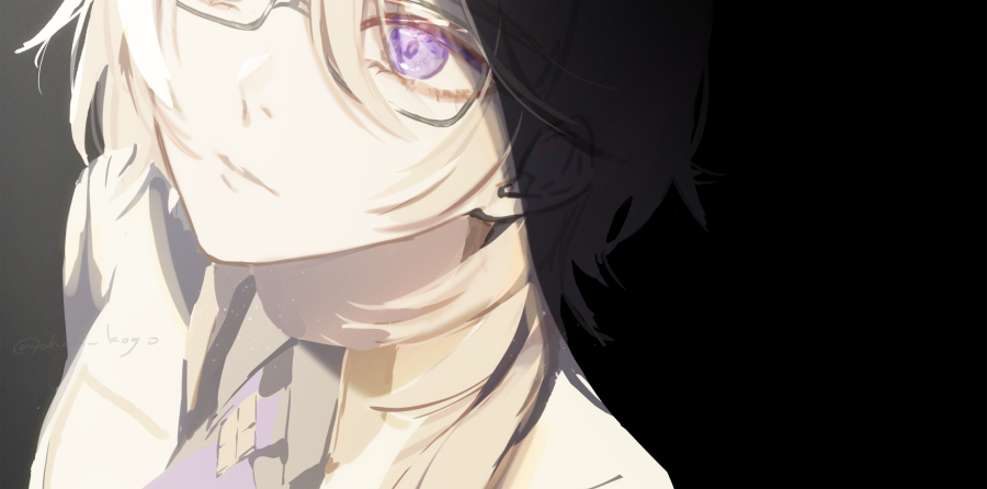 1girl black-framed_eyewear black_background brown_hair close-up collared_shirt glasses hair_between_eyes ko_(kochan_pr) looking_at_viewer pretty_series purple_eyes shirt short_hair solo sumeragi_amane_(pretty_series) waccha_primagi!