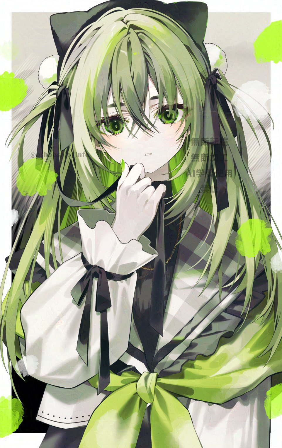 1girl animal_ears animal_hat black_ribbon bow dress fingernails green_bow green_eyes green_hair green_nails green_theme hair_between_eyes hair_ribbon hand_on_own_face hand_up hat highres long_hair long_sleeves looking_at_viewer original oshio_(dayo) puffy_long_sleeves puffy_sleeves ribbon solo two_side_up upper_body