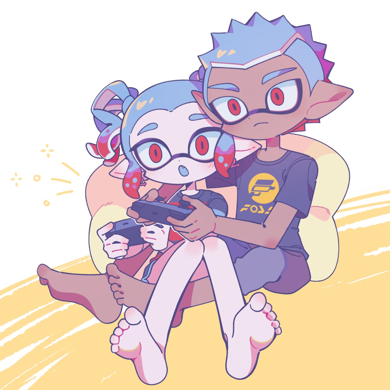 1boy 1girl black_shirt blue_hair closed_mouth colored_tips commentary_request controller dark-skinned_male dark_skin double_egg-kun_(splatoon) fang feet game_controller grey_shorts highres holding holding_controller holding_game_controller inkling korean_commentary multicolored_hair notice_lines open_mouth playing_games print_shirt red_eyes red_hair red_sole-chan_(splatoon) shirt shorts simple_background sitting soles splatoon_(manga) splatoon_(series) toes two-tone_background two-tone_hair ufo_sw white_background yellow_background