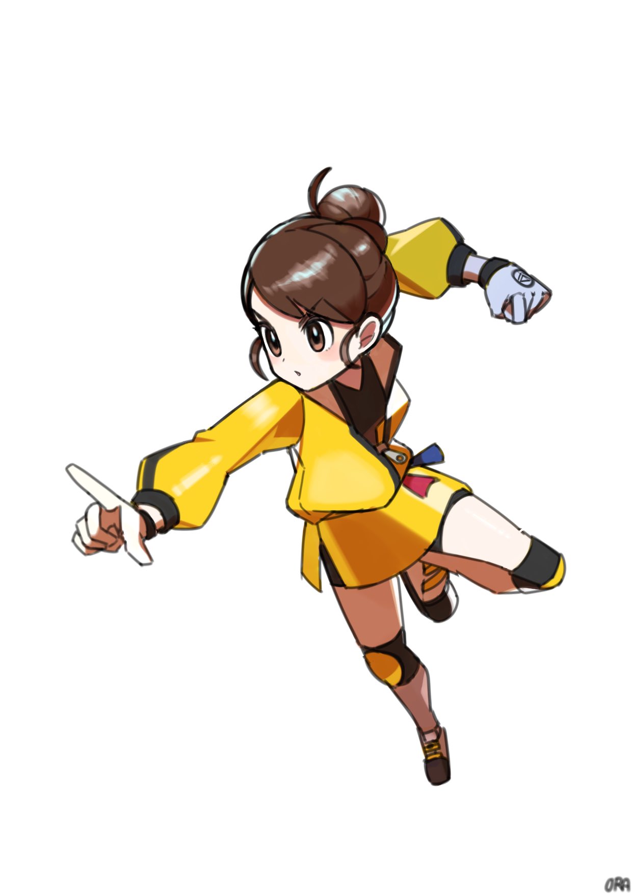 1girl artist_name brown_eyes brown_hair clenched_hand closed_mouth commentary_request full_body gloria_(pokemon) gloves hair_bun highres index_finger_raised jacket knee_pads leg_up master_dojo_uniform ora_(oraora_oekaki) pokemon pokemon_swsh shoes short_hair shorts simple_background solo white_background yellow_jacket