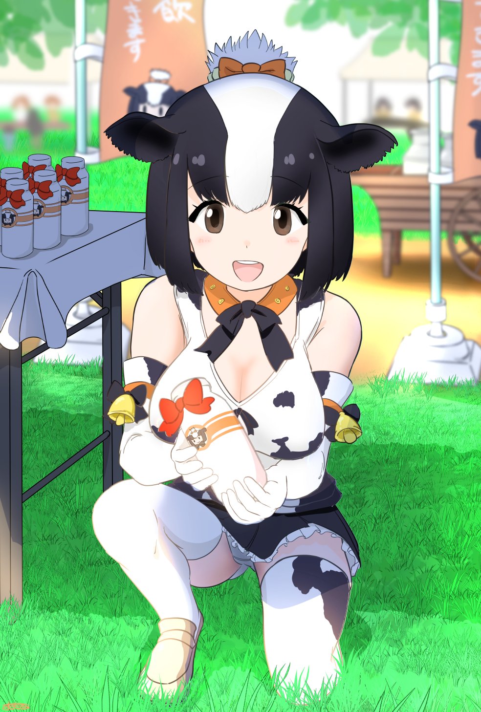 1girl :d animal_ears animal_print bell black_hair black_skirt blush bottle bow bowtie breasts brown_eyes brown_footwear cart cleavage cow_ears cow_girl cow_print gloves grass highres holstein_friesian_cattle_(kemono_friends) kemono_friends looking_at_viewer milk_bottle multicolored_hair on_grass on_one_knee open_mouth outdoors panties pantyhose people sasakura_(jgay7435) shirt skirt smile solo table two-tone_hair underwear white_hair white_panties white_pantyhose zettai_ryouiki