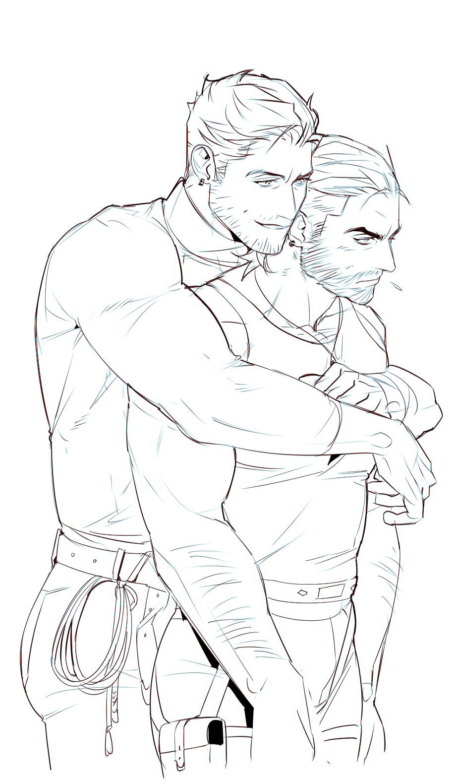 2boys bara beard_stubble couple cowboy_shot facial_hair from_side greyscale highres hug hug_from_behind large_pectorals male_focus mature_male monochrome multiple_boys muscular muscular_male mustache_stubble n01r31 original pants pectorals profile seductive_smile sketch smile sparse_chest_hair standing stubble thick_eyebrows undercut yaoi