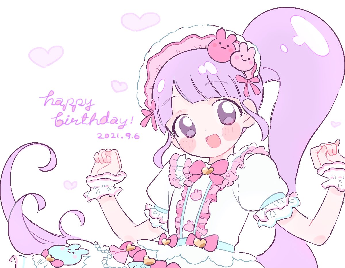 1girl :d blunt_bangs blush bow center_frills commentary_request dated dress frilled_dress frills hands_up happy_birthday idol_clothes lolita_fashion long_hair looking_at_viewer manaka_non open_mouth pink_bow poro_(pweedro) pretty_series pripara puffy_short_sleeves puffy_sleeves purple_eyes purple_hair short_sleeves side_ponytail simple_background sleeves_past_wrists smile solo sweet_lolita very_long_hair white_background white_dress wrist_cuffs