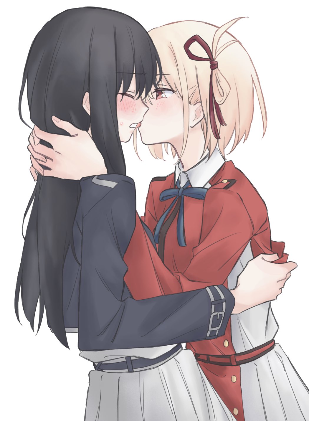 2girls black_hair blonde_hair blue_dress blue_ribbon blush closed_eyes commentary dress embarrassed french_kiss hair_ribbon hands_on_another's_neck highres inoue_takina kiss long_hair long_sleeves looking_at_another lycoris_recoil lycoris_uniform medium_hair multiple_girls neck_ribbon nishikigi_chisato one_side_up red_dress red_eyes red_ribbon ribbon simple_background syonosuke9573 tongue tongue_out white_background yuri