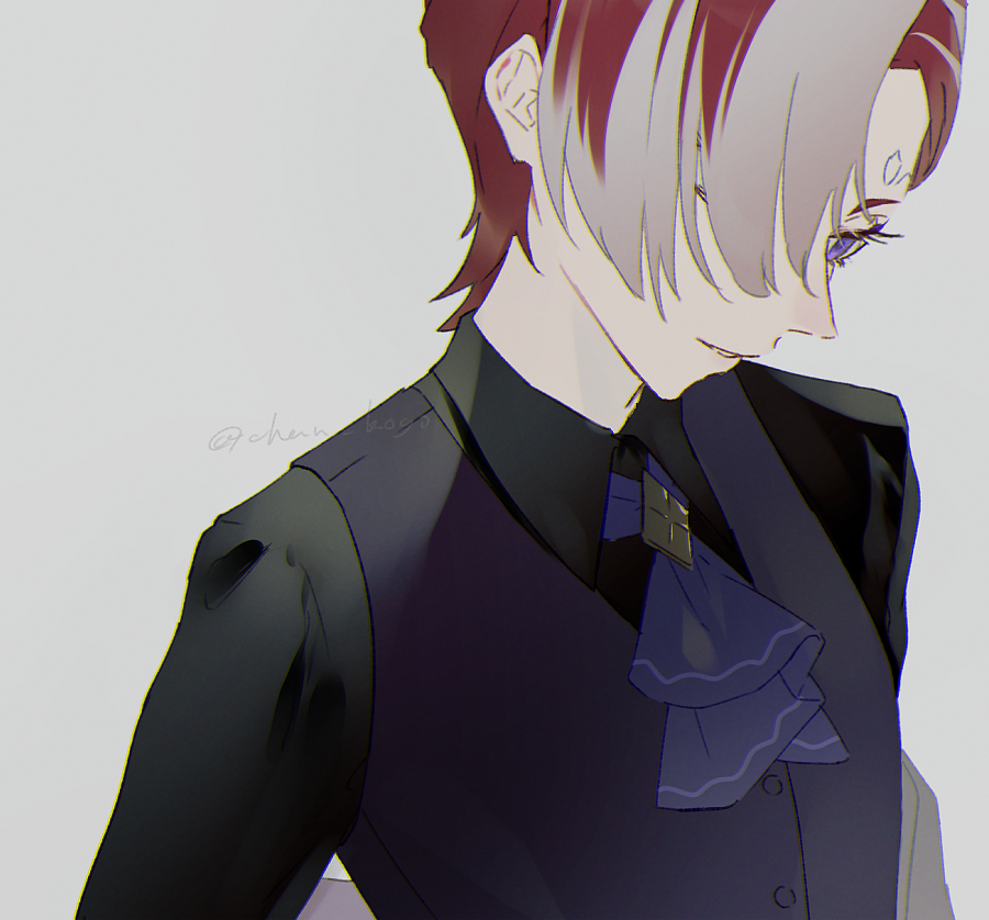 1girl ascot black_shirt collared_shirt grey_background ko_(kochan_pr) looking_at_viewer multicolored_hair pretty_series purple_ascot purple_eyes purple_vest red_hair reverse_trap shirt short_hair simple_background smile solo streaked_hair sumeragi_amane_(pretty_series) sumeragi_amane_(pretty_series)_(primagista) upper_body vest waccha_primagi!