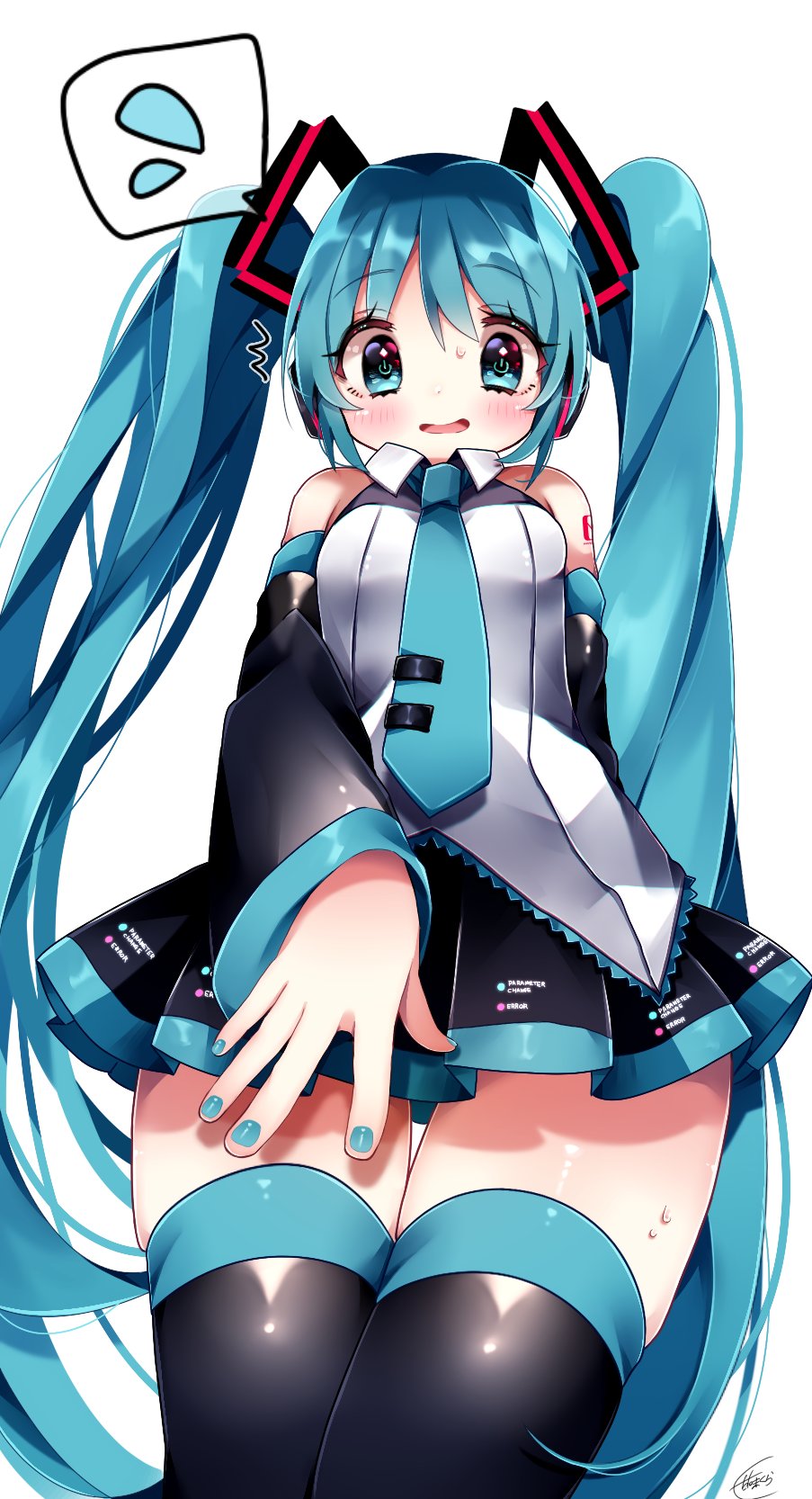 1girl aqua_eyes aqua_hair aqua_nails aqua_necktie aqua_trim bare_shoulders black_sleeves collared_shirt commentary detached_sleeves feet_out_of_frame from_below grey_shirt hatsune_miku highres koyubisennti necktie nervous nervous_sweating notice_lines pleated_skirt shiny_skin shirt signature skirt smile solo spoken_sweatdrop sweat sweatdrop twintails vocaloid white_background