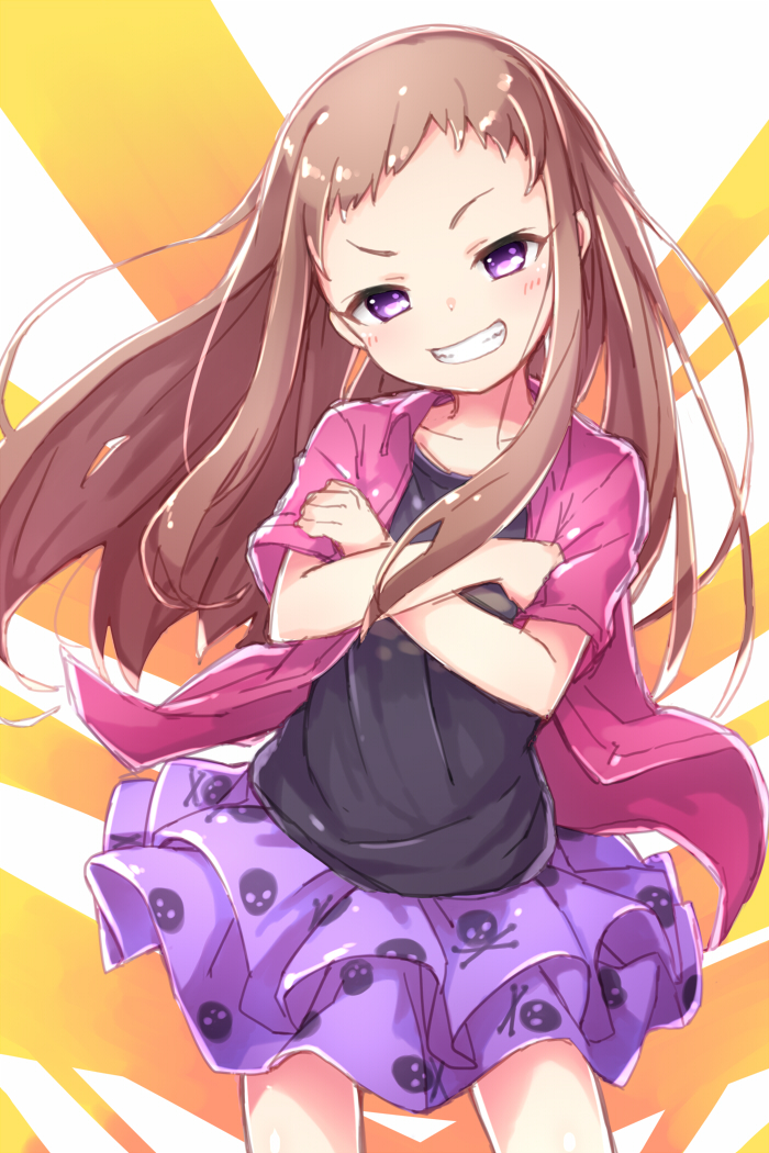 1girl black_shirt blush brown_hair clenched_teeth collarbone cowboy_shot crossed_arms dot_nose head_tilt idolmaster idolmaster_cinderella_girls koseki_reina kuresuku_(lessons) long_hair looking_at_viewer open_clothes open_shirt pink_shirt purple_eyes purple_skirt shirt short_bangs short_sleeves sidelocks skirt solo standing straight_hair teeth v-shaped_eyebrows