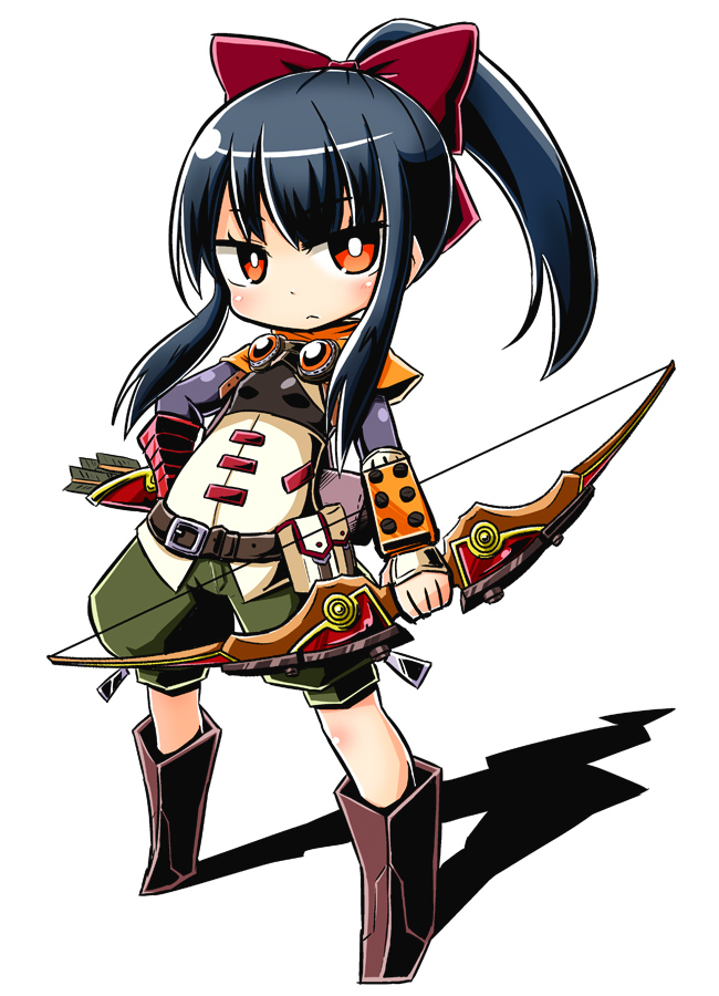 1girl arrow_(symbol) black_hair boots bow bow_(weapon) brown_footwear chibi closed_mouth commentary_request full_body goggles goggles_around_neck green_shorts hair_bow holding holding_bow_(weapon) holding_weapon knee_boots long_hair long_sleeves looking_at_viewer naga_u orange_eyes ponytail puffy_shorts quiver red_bow sekaiju_no_meikyuu shadow shirt shorts sidelocks simple_background sniper_(sekaiju) sniper_2_(sekaiju) solo standing weapon white_background white_shirt