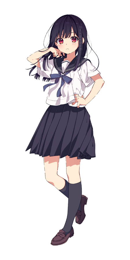 1girl black_hair black_skirt brown_footwear full_body hand_in_own_hair hand_on_own_chest hand_on_own_face kneehighs leg_up loafers mamyouda original pleated_skirt red_eyes school_uniform serafuku shoes short_sleeves simple_background skirt socks solo standing white_background white_serafuku