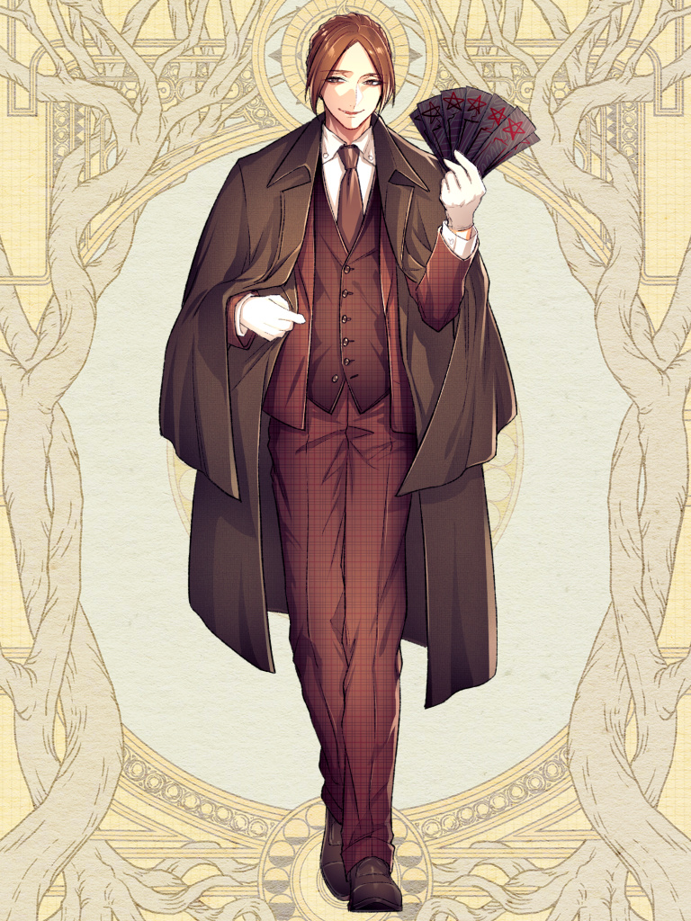 1boy adjusting_clothes brown_coat brown_eyes brown_footwear brown_hair brown_jacket brown_necktie brown_pants brown_suit brown_vest coat coat_on_shoulders collared_shirt dairoku_ryouhei full_body gloves hand_up holding jacket kamino_tokiwa loafers long_sleeves looking_at_viewer male_focus morino_bambi necktie open_clothes open_jacket pants parted_bangs parted_lips plaid plaid_jacket plaid_pants plaid_vest shirt shoes short_hair sidelocks smirk solo standing suit suit_jacket talisman vest white_gloves white_shirt yellow_background