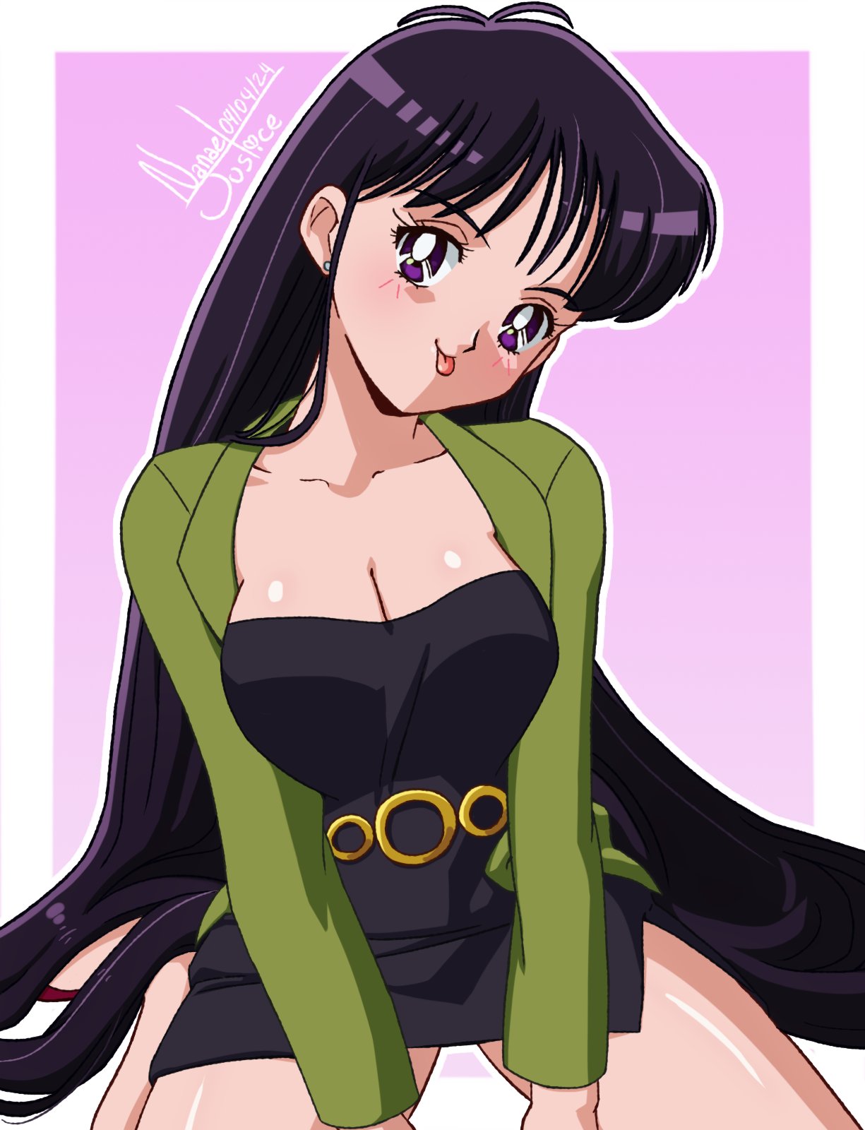 1girl bishoujo_senshi_sailor_moon black_dress black_hair breasts cleavage dress green_jacket highres hino_rei jacket large_breasts long_hair nanaeljustice purple_eyes short_dress smile solo spread_legs thick_thighs thighs tongue tongue_out