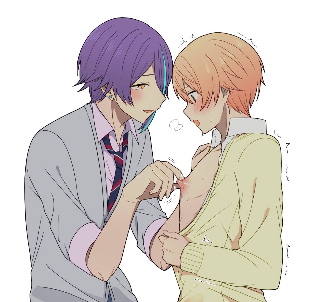 2boys 7v_xyz aqua_hair blonde_hair blue_necktie blush brown_eyes cardigan collared_shirt diagonal-striped_clothes diagonal-striped_necktie earrings fingernails from_side gradient_hair grey_cardigan hair_behind_ear hair_over_one_eye hand_on_another's_shoulder jewelry kamishiro_rui long_sleeves looking_at_another looking_down multicolored_hair multiple_boys necktie nipple_stimulation nipple_tweak nipples open_clothes open_mouth open_shirt orange_hair project_sekai purple_hair purple_shirt red_necktie shirt short_hair short_sleeves smile streaked_hair striped_clothes striped_necktie stud_earrings sweat tenma_tsukasa trembling upper_body white_background white_necktie white_shirt yaoi yellow_cardigan yellow_eyes