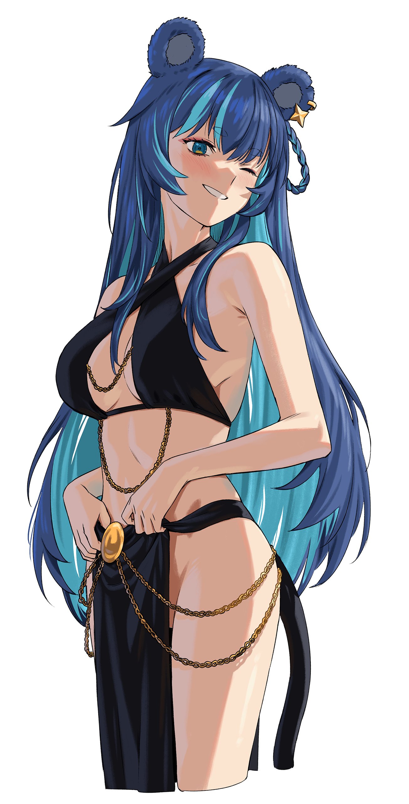 1girl absurdres agemmata animal_ears aqua_hair bear_ears bear_girl black_bra black_skirt blue_eyes blue_hair bra braid breasts cleavage cleavage_cutout clothes_lift clothing_cutout colored_inner_hair cropped_legs ear_ornament earrings english_commentary eyeliner fake_tail fujikura_uruka highres jewelry light_blush long_hair makeup medium_breasts multicolored_hair no_panties one_eye_closed pelvic_curtain pelvic_curtain_lift phase_connect pink_eyeliner revealing_clothes revision side_braid sidelocks skirt smile standing streaked_hair tail two-tone_hair underwear virtual_youtuber waist_cape white_background