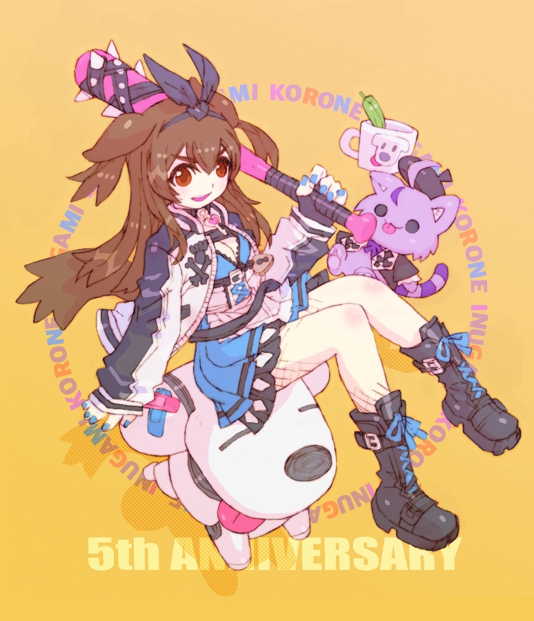 1girl animal_ears anniversary baseball_bat black_choker black_footwear black_ribbon blue_dress boots breasts brown_eyes brown_hair character_name choker cleavage delinquent dog_ears dog_girl dress fishnet_pantyhose fishnets gradient_background hair_ribbon heart holding holding_baseball_bat hololive inugami_korone jacket long_hair medium_breasts nakayama_tooru nekomata_okayu non-humanoid_robot open_clothes open_jacket orange_background pantyhose pleated_dress ribbon robot robot_animal robot_dog smile solo spiked_bat white_jacket yellow_background