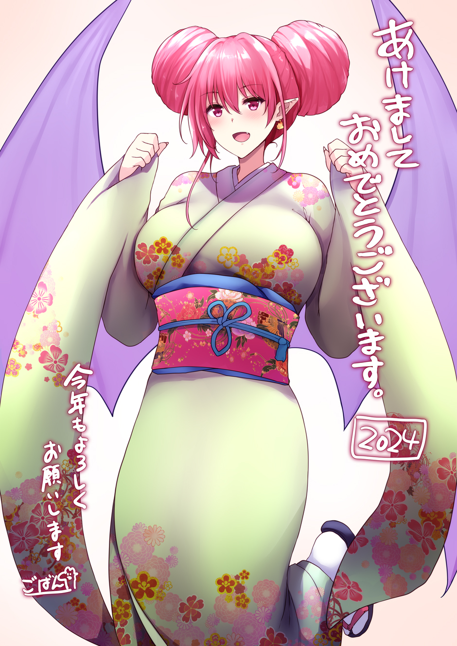 1girl 2024 :d armor blush breasts demon_girl demon_wings double_bun earrings floral_print furisode goban green_kimono grey_background hair_bun hands_up happy_new_year highres japanese_armor japanese_clothes jewelry kimono leg_up new_year obi original pink_eyes pink_hair pointy_ears purple_wings sandals sash shoulder_armor simple_background smile sode solo tabi wings zouri