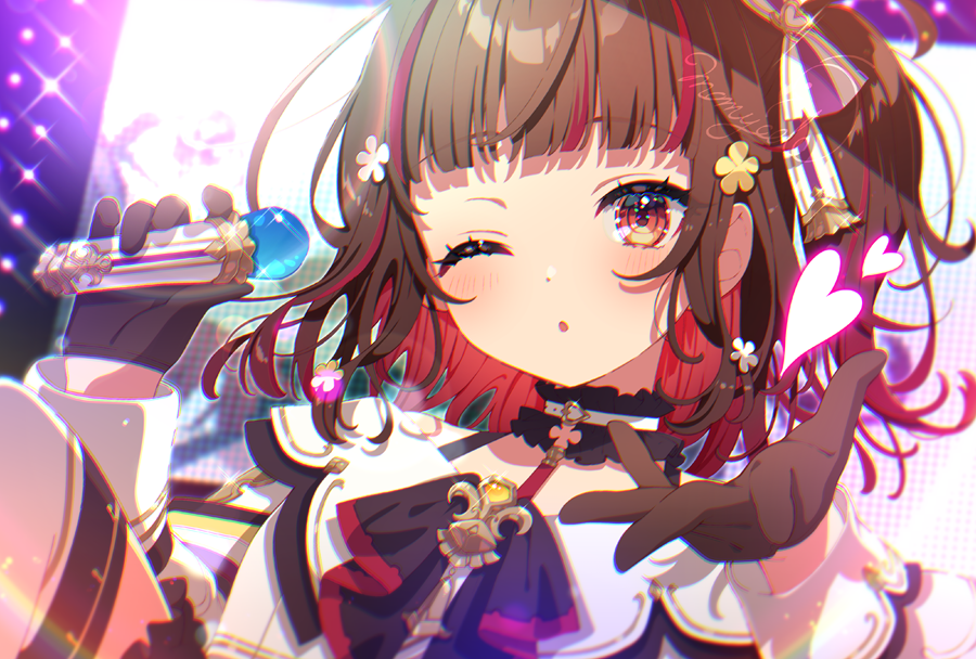 1girl ;o black_choker black_gloves blunt_bangs blush brown_eyes brown_hair choker concert flower frilled_choker frills gloves hair_flower hair_ornament heart holding holding_microphone idol idol_clothes looking_at_viewer mamyouda microphone multicolored_hair one_eye_closed original red_hair solo sparkle stage stage_lights streaked_hair two-tone_hair