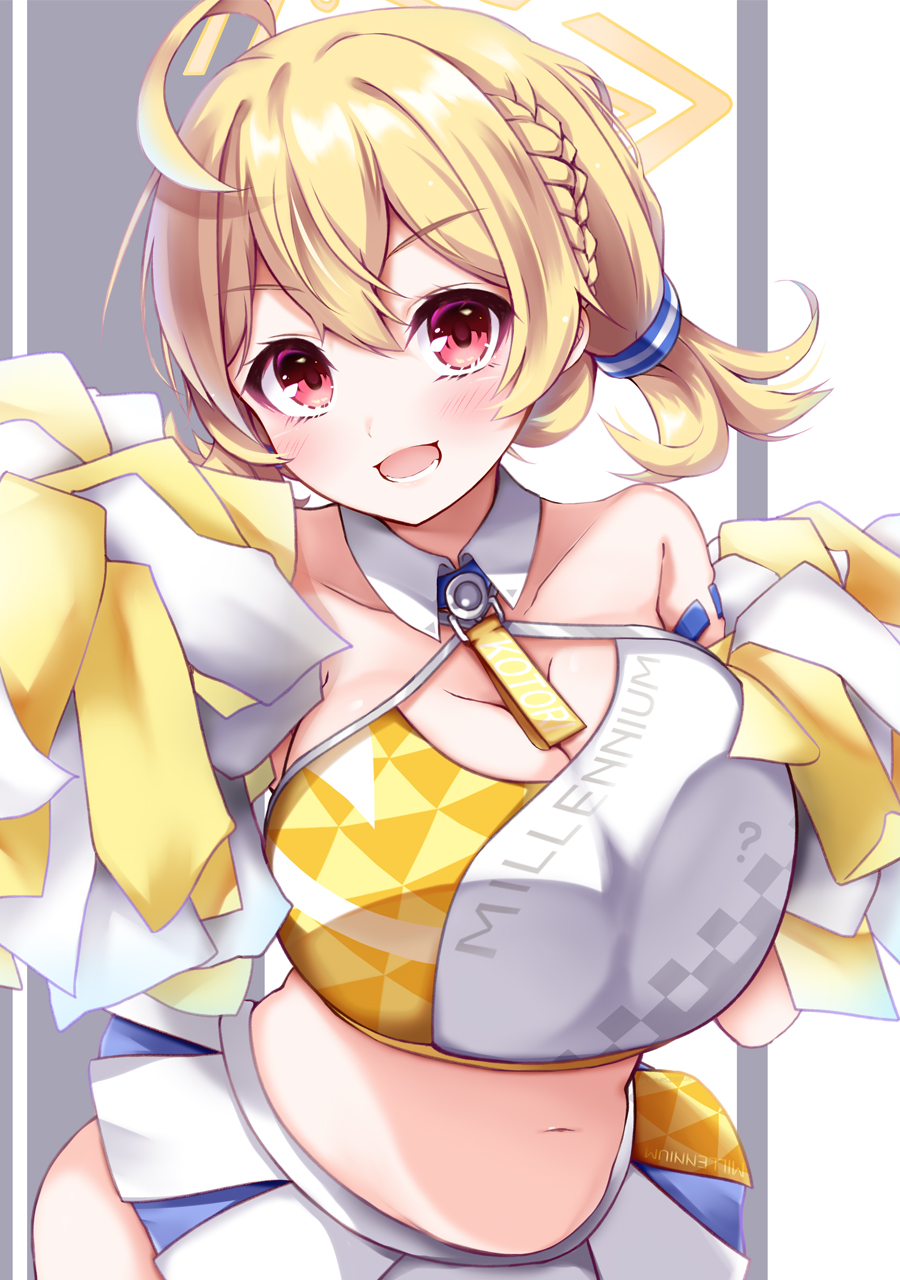 1girl ahoge blonde_hair blue_archive blush breasts cleavage collar detached_collar halo highres holding holding_pom_poms kotori_(blue_archive) kotori_(cheer_squad)_(blue_archive) kyouno_komatsu large_breasts looking_at_viewer medium_hair millennium_cheerleader_outfit_(blue_archive) official_alternate_costume open_mouth pom_pom_(cheerleading) red_eyes short_twintails skirt solo twintails white_collar white_skirt yellow_halo