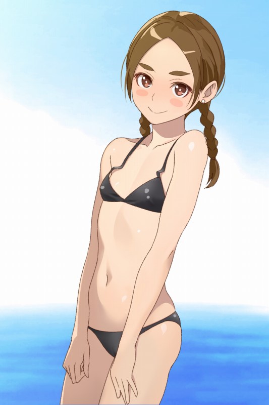 1girl bikini black_bikini blue_sky blush blush_stickers braid breasts brown_eyes brown_hair commentary_request earrings jewelry looking_at_viewer medium_hair navel original outdoors pink_pupils sky small_breasts smile solo stud_earrings swimsuit thick_eyebrows twin_braids water yizumi