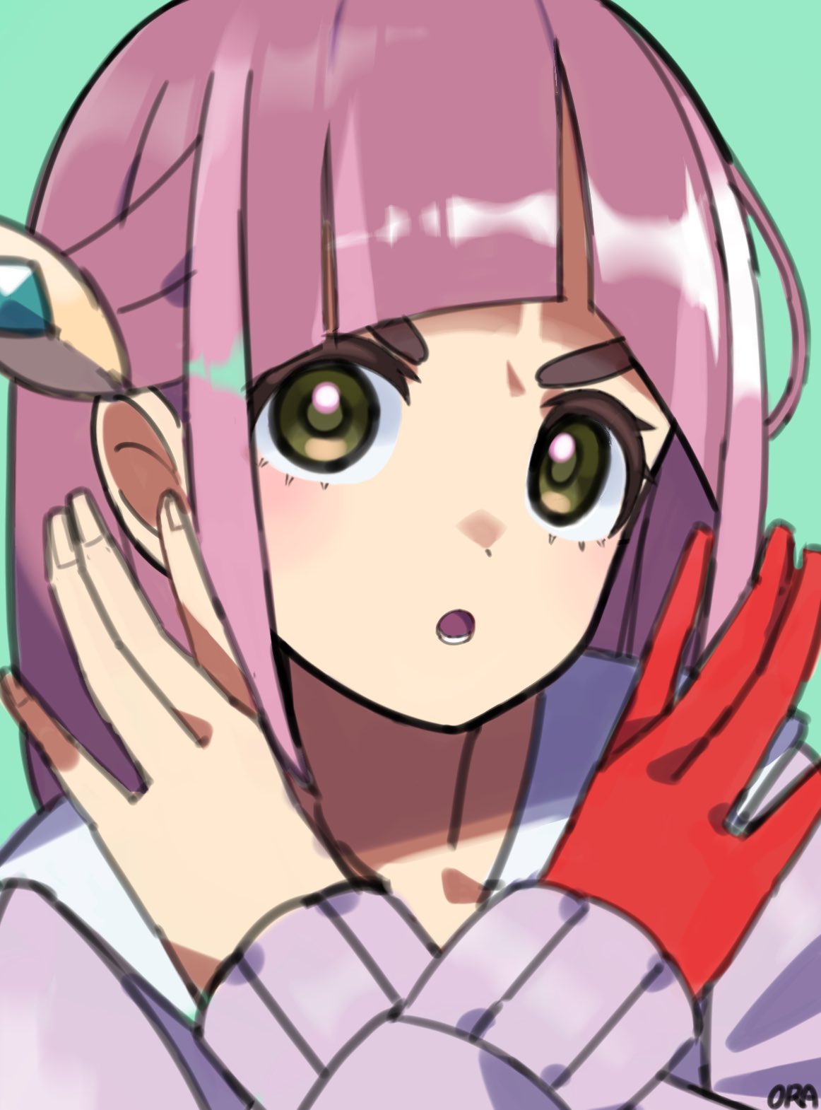 1girl :o arched_bangs artist_name cardigan eyelashes gloves green_background hair_ornament hairclip hands_up highres lacey_(pokemon) long_sleeves lower_teeth_only open_mouth ora_(oraora_oekaki) red_gloves shirt simple_background single_glove solo teeth x_arms