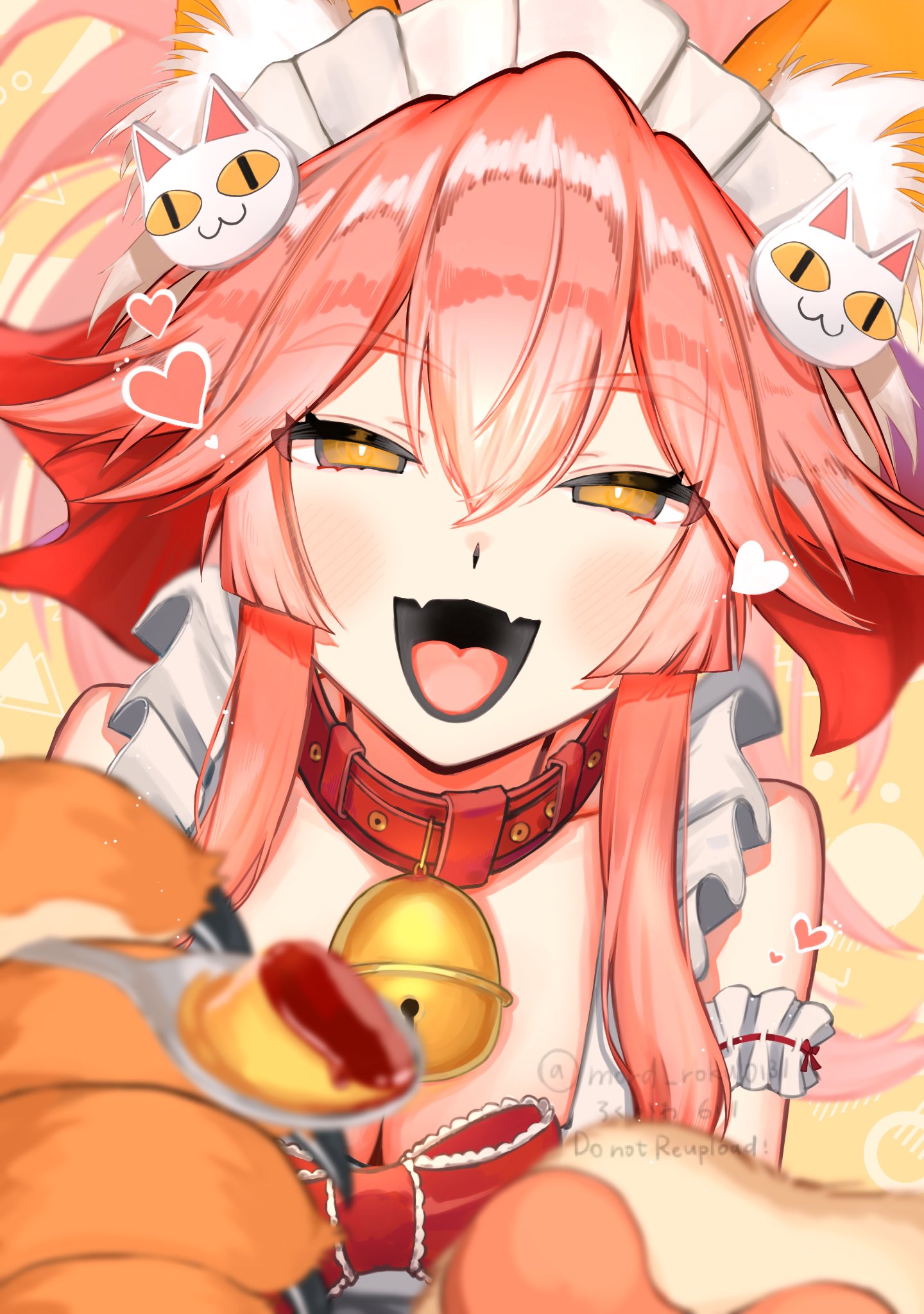 1girl animal_ears animal_hands apron bell blush breasts cat_hair_ornament cat_paws cleavage collar fate/grand_order fate_(series) fox_ears gloves hair_ornament heart highres long_hair mord_roku0131 neck_bell open_mouth orange_eyes paw_gloves pink_hair smile solo tamamo_(fate) tamamo_cat_(fate) upper_body