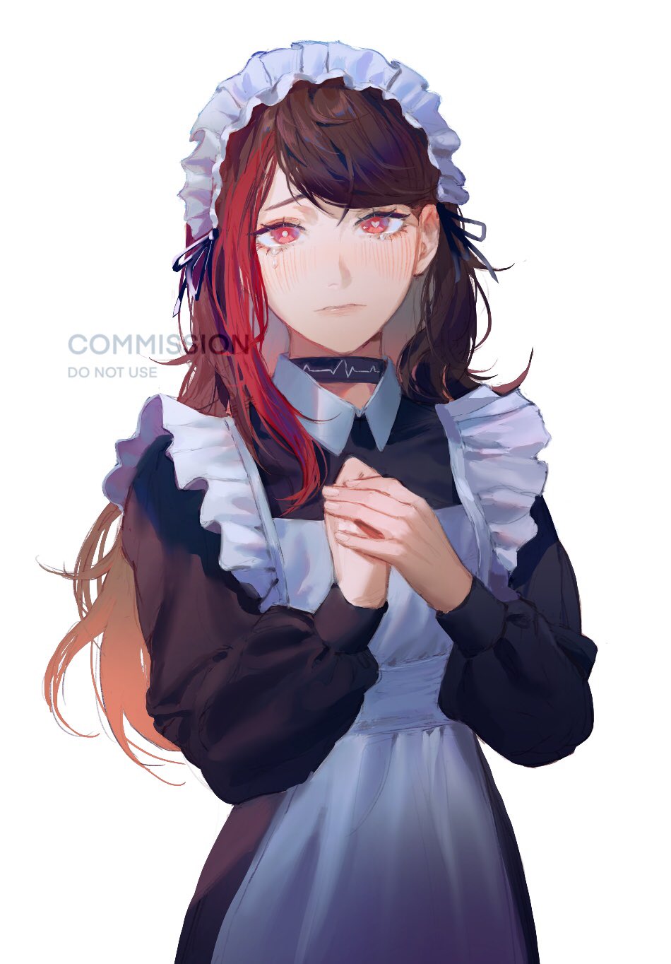 apron black_dress blush cardiogram closed_mouth commission copyright_request crying crying_with_eyes_open dress hands_on_own_chest heart heart-shaped_pupils highres keibleh long_hair long_sleeves looking_at_viewer maid maid_apron maid_headdress mismatched_pupils own_hands_together red_hair simple_background symbol-shaped_pupils tears watermark white_apron white_background