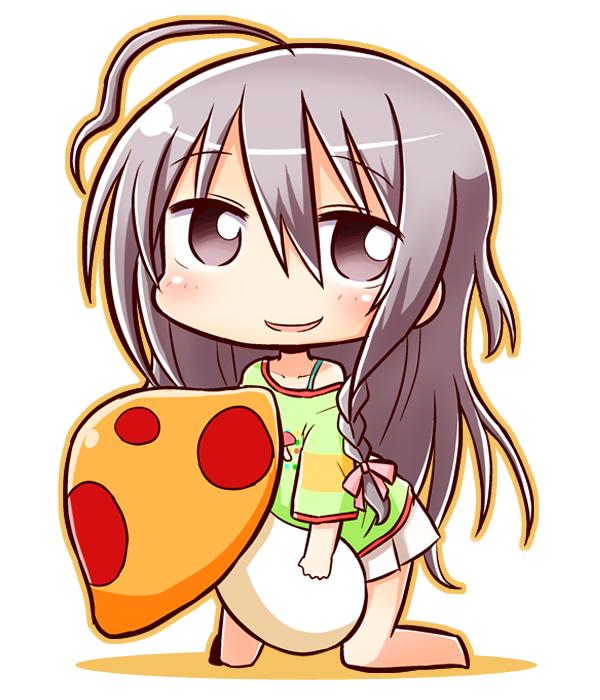 1girl ahoge barefoot blush bow braid brown_eyes brown_outline chibi collarbone colored_shadow commentary_request food full_body green_shirt grey_hair hair_between_eyes hair_bow holding holding_food hoshi_syoko idolmaster idolmaster_cinderella_girls long_hair long_sleeves looking_at_viewer mushroom naga_u off_shoulder parted_lips pink_bow pleated_skirt shadow shirt simple_background single_braid skirt smile solo very_long_hair white_background white_skirt