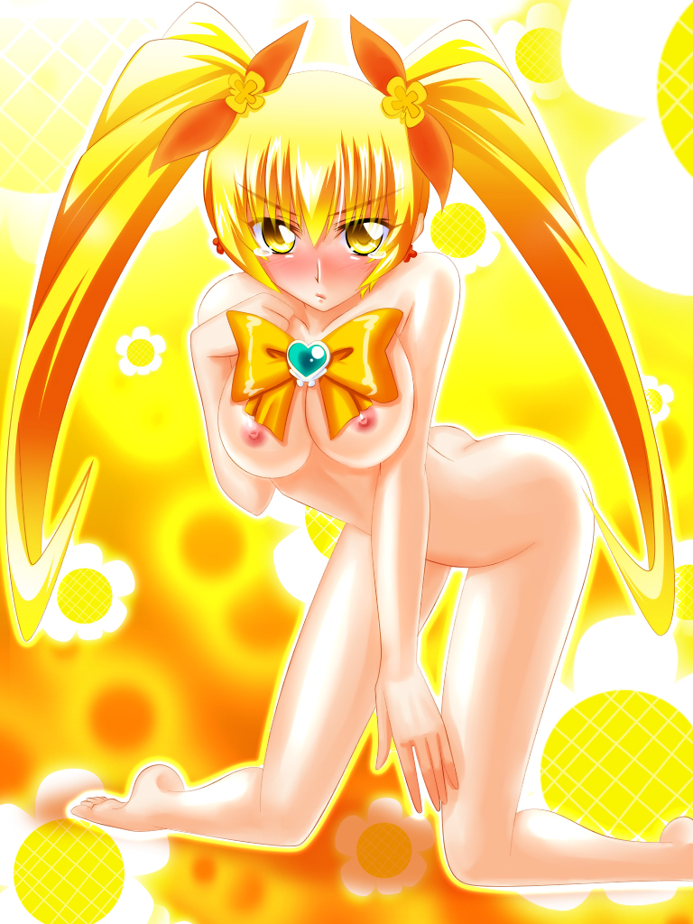 barefoot bent_over blonde_hair blush breasts cure_sunshine engo_(aquawatery) hair_ribbon heart heartcatch_precure! kneeling long_hair looking_at_viewer magical_girl medium_breasts myoudouin_itsuki nipples nude precure ribbon solo tears twintails yellow_background yellow_eyes