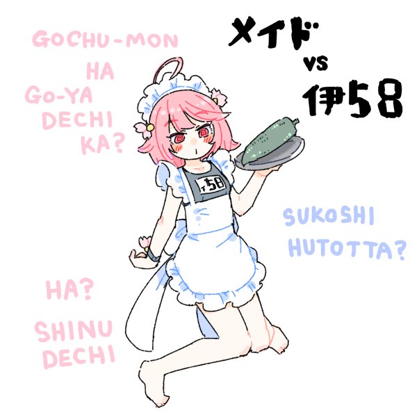 1girl ahoge alternate_costume apron barefoot bitter_melon bracelet breasts enmaided full_body holding holding_tray i-58_(kancolle) jewelry jibakurei_(elite_unchi) kantai_collection knees_together_feet_apart looking_at_viewer maid maid_apron maid_headdress pink_hair red_eyes ringed_eyes romaji_text school_swimsuit small_breasts solo swimsuit translation_request tray unconventional_maid underbust white_apron