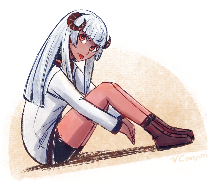 1girl bare_legs boots brown_footwear chiyu_mahou_no_machigatta_tsukaikata dark-skinned_female dark_skin felm_(chiyu_mahou) grey_hair knees_up long_hair long_sleeves looking_at_viewer red_eyes signature sitting solo tongue tongue_out vacuous_canyon