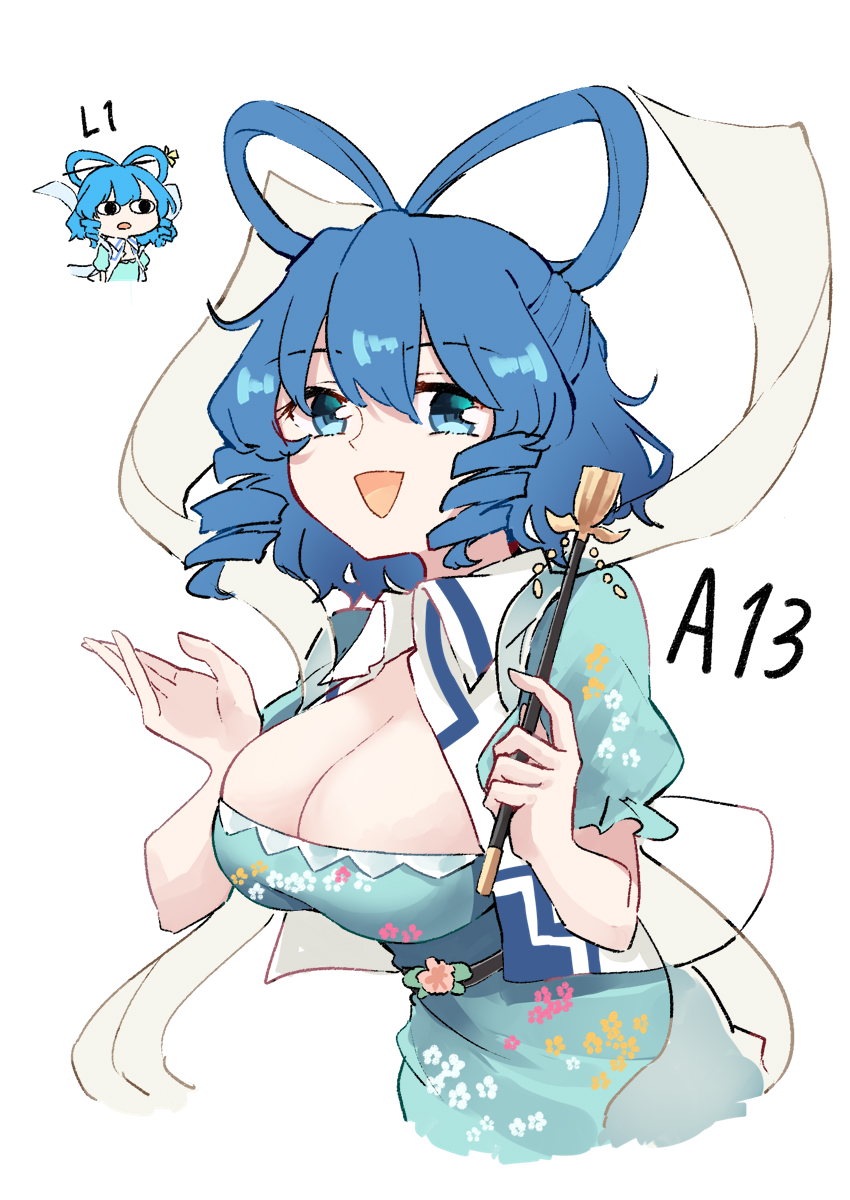 1girl :d belt black_belt blue_dress blue_eyes blue_hair breasts cleavage collared_vest commentary_request deetamu dress drill_hair drill_sidelocks flower frilled_dress frills hair_ornament hair_rings hair_stick highres kaku_seiga large_breasts leaning_forward open_clothes open_mouth open_vest puffy_sleeves shawl sidelocks simple_background smile solo touhou vest white_background white_vest