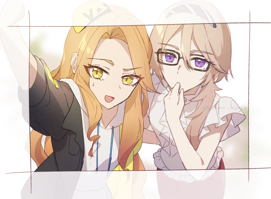 2girls arm_up black_hairband black_jacket blonde_hair border brown_hair drawstring glasses hair_between_eyes hairband hand_to_own_mouth hand_up hood hoodie jacket ko_(kochan_pr) long_hair looking_at_viewer multiple_girls open_mouth pretty_series purple_eyes shirt smile sumeragi_amane_(pretty_series) sweatdrop taking_picture upper_body waccha_primagi! white_border white_hoodie white_shirt yayoi_hina yellow_eyes