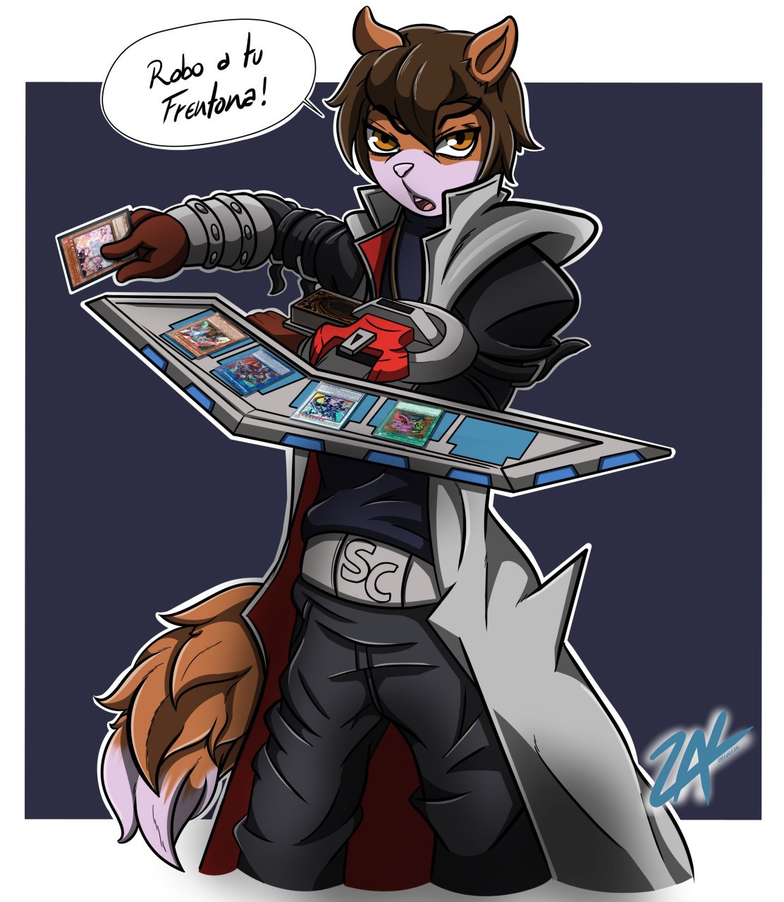 anthro bottomwear brown_body brown_eyes canid canine canis card clothing domestic_dog duel hi_res jacket male mammal pants shirt solo spanish_text tail text topwear yu-gi-oh! zak_hitsuji