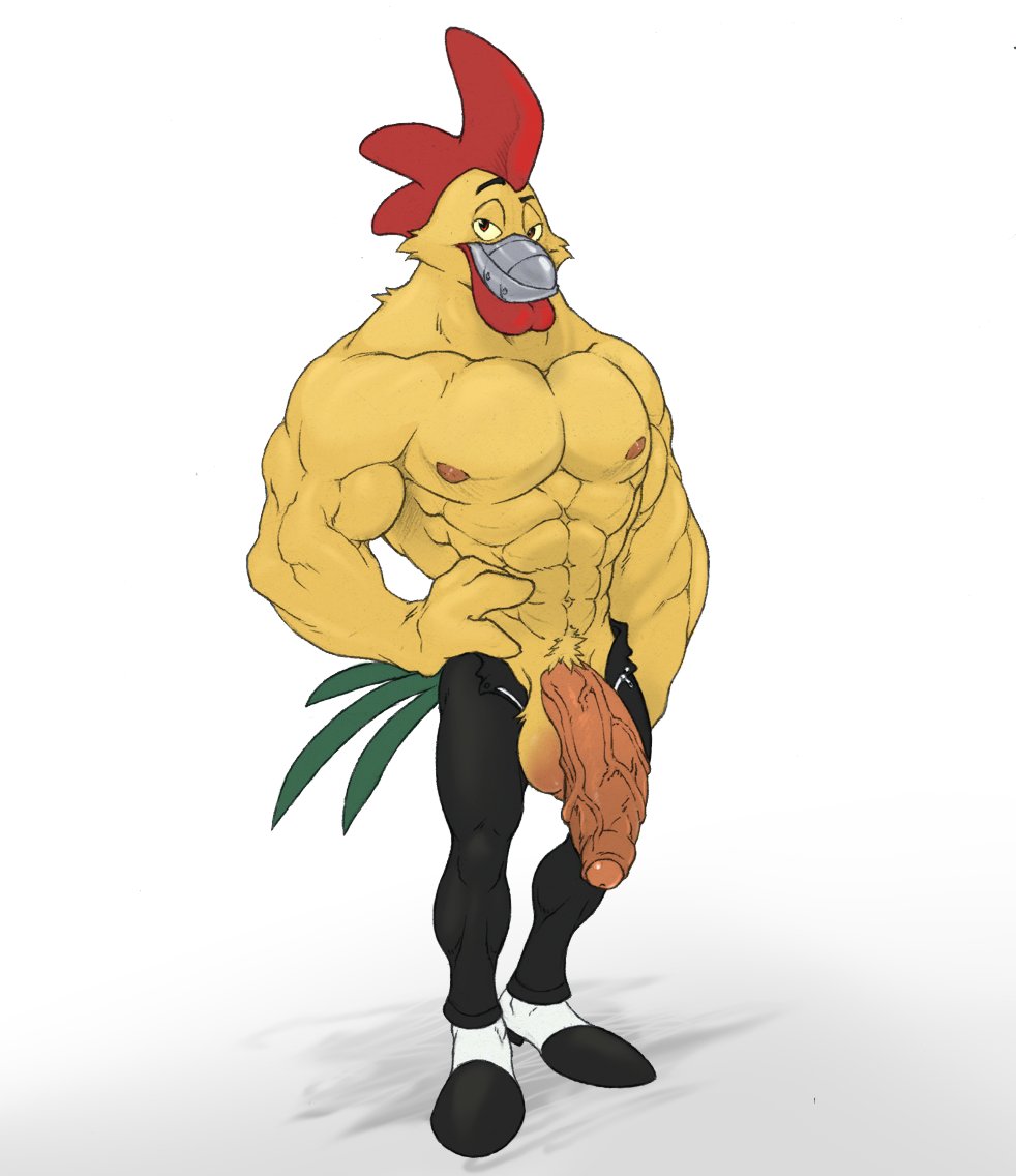 2021 abs anthro avian balls bird bottomwear chicken clothed clothing darkwing_duck disney ducktales flaccid footwear foreskin galliform gallus_(genus) genitals humanoid_genitalia humanoid_penis looking_at_viewer male muscular muscular_anthro muscular_male nipples open_bottomwear open_clothing open_pants pants pecs penis phasianid pubes shoes solo steelbeak topless utx-shapeshifter vein veiny_penis