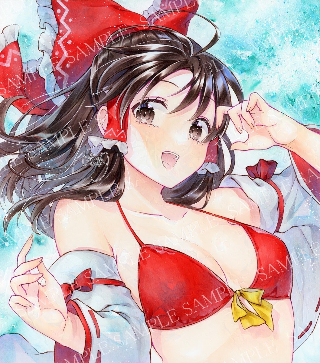 1girl :d alto2019 bikini bow breasts brown_eyes brown_hair cleavage collarbone commentary detached_sleeves frilled_bow frilled_hair_tubes frills hair_bow hair_tubes hakurei_reimu happy highres long_hair long_sleeves open_mouth outdoors red_bikini red_bow red_ribbon ribbon ribbon-trimmed_sleeves ribbon_trim sample_watermark sidelocks small_breasts smile solo swimsuit touhou traditional_media watermark wide_sleeves yellow_ribbon