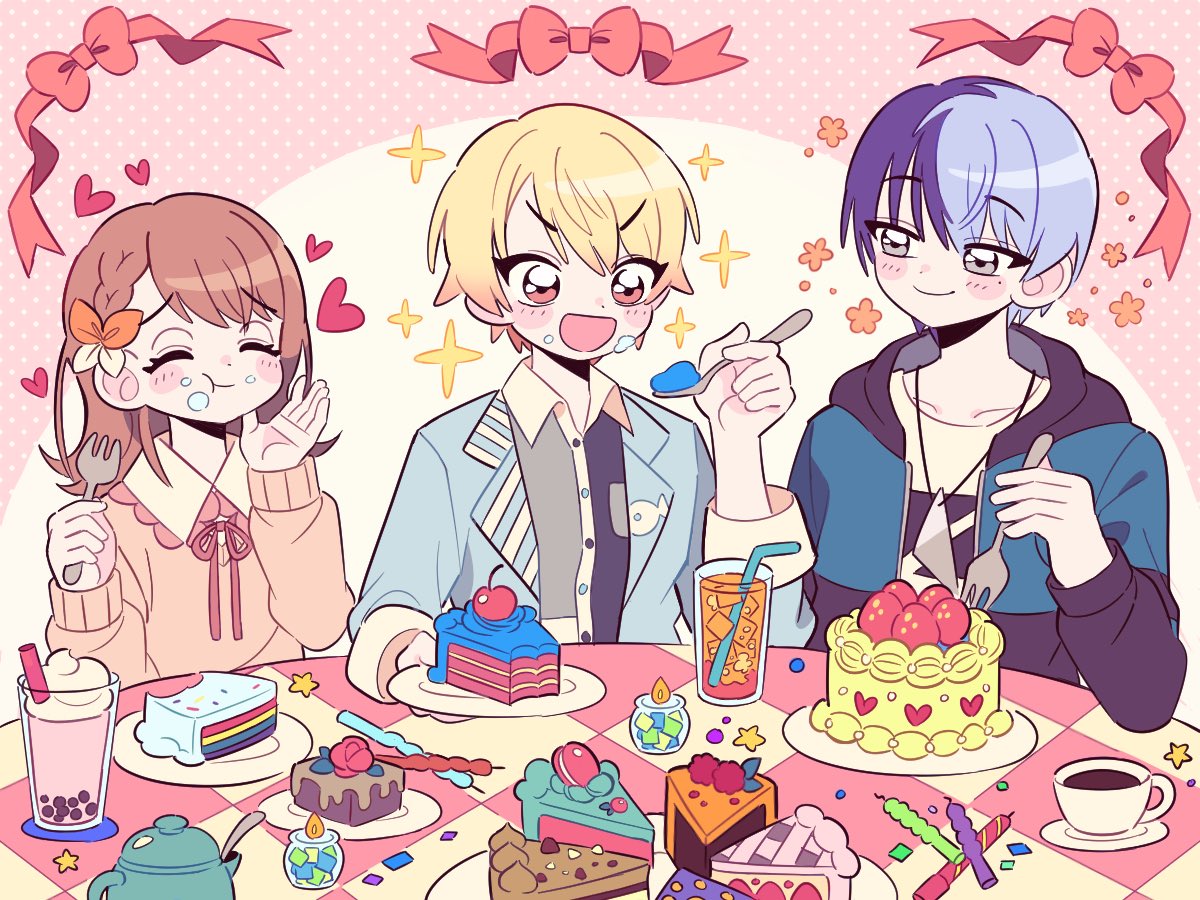 1girl 2boys aoyagi_touya aqua_jacket black_jacket black_outline black_shirt blazer blonde_hair blue_hair blush_stickers bow braid brown_hair bubble_tea buttons cake cake_slice candle candlelight candlestand cherry chewing chocolate_cake chocolate_syrup closed_mouth coaster coffee collarbone collared_shirt colored_tips cup dark_blue_hair drink drinking_glass drinking_straw eyelashes flower food food_on_face fork frilled_shirt_collar frills fruit furrowed_brow gradient_hair grey_eyes grey_shirt hair_bow half-closed_eyes hanasato_minori happy heart height_difference holding holding_fork holding_plate hood hood_down hooded_jacket ice ice_cube jacket jewelry jitome lapels light_blue_hair light_blue_jacket looking_at_another macaron medium_hair mole mole_under_eye multicolored_clothes multicolored_hair multicolored_jacket multiple_boys neck_ribbon necklace open_mouth orange_bow orange_eyes orange_flower orange_hair orange_sweater outline pie pie_slice pink_background pink_ribbon piyonpi plate polka_dot polka_dot_background project_sekai rainbow_cake red_ribbon ribbon saucer shirt short_braid side_braid simple_background single_braid smile sparkle split-color_hair spoon sprinkles strawberry sugar_bowl sweater swept_bangs table tablecloth teacup tenma_tsukasa tsurime two-tone_bow two-tone_hair two-tone_jacket two-tone_shirt whipped_cream white_bow white_shirt wide-eyed