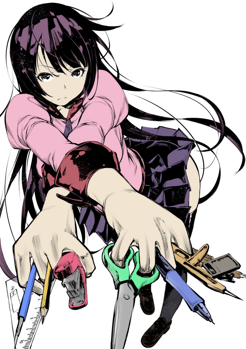 1girl bakemonogatari between_fingers boxcutter closed_mouth colorized fukushima_masayasu gloves highres holding holding_boxcutter holding_pencil holding_scissors long_hair looking_at_viewer maelzyx mechanical_pencil monogatari_(series) multiple_wielding naoetsu_high_school_uniform pantyhose pencil pink_shirt pleated_skirt ruler school_uniform scissors senjougahara_hitagi shirt skirt solo stapler thighhighs thighs third-party_edit very_long_hair white_gloves zettai_ryouiki