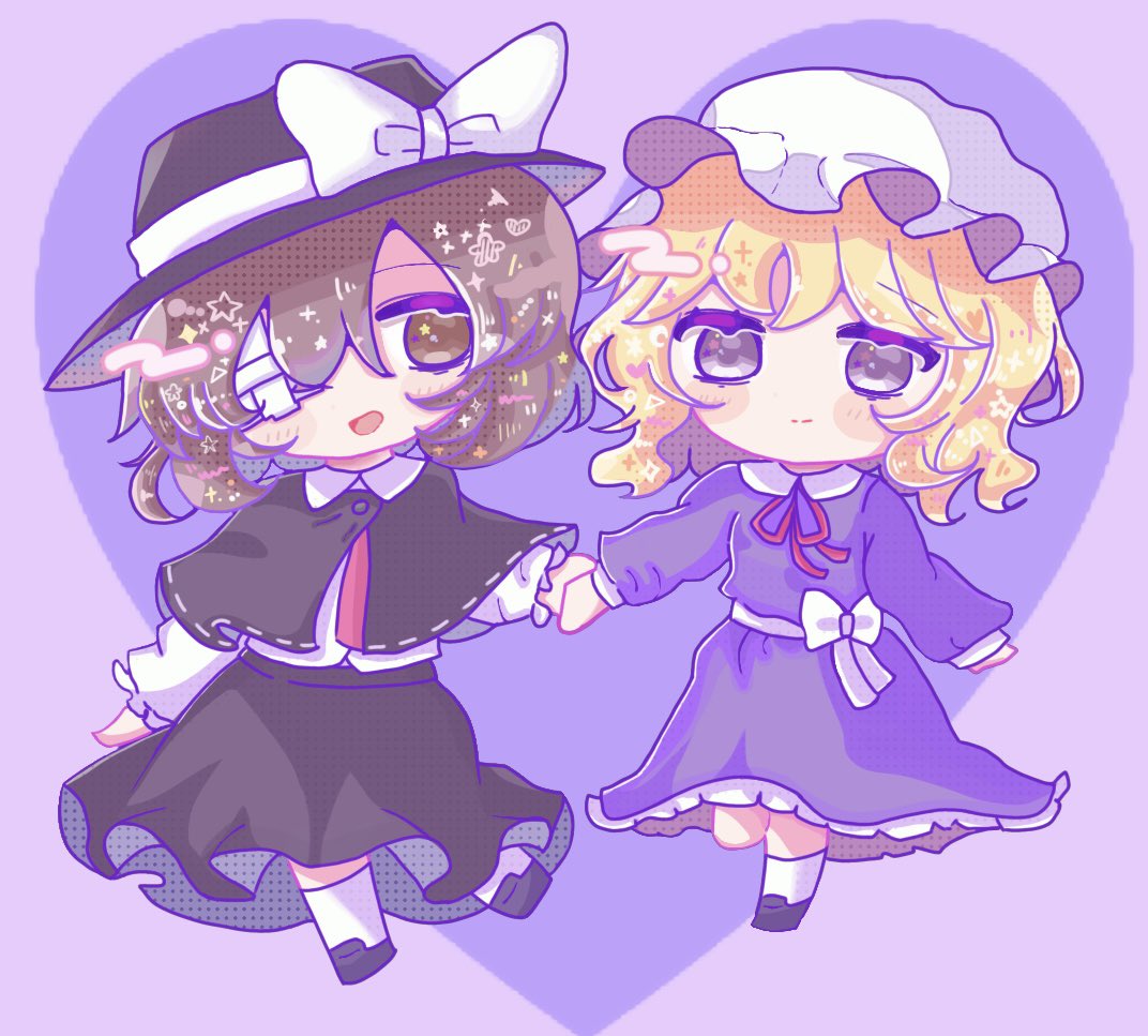 2girls black_capelet black_footwear black_hat black_skirt blonde_hair brown_eyes brown_hair capelet chibi closed_mouth collared_dress collared_shirt commentary_request dress frilled_dress frilled_sleeves frills hair_over_one_eye happy heart holding_hands long_sleeves maribel_hearn multiple_girls necktie open_mouth puffy_sleeves purple_dress purple_eyes red_necktie sash shirt skirt sleepwalk_zzz smile socks touhou usami_renko white_hat white_sash white_shirt white_socks
