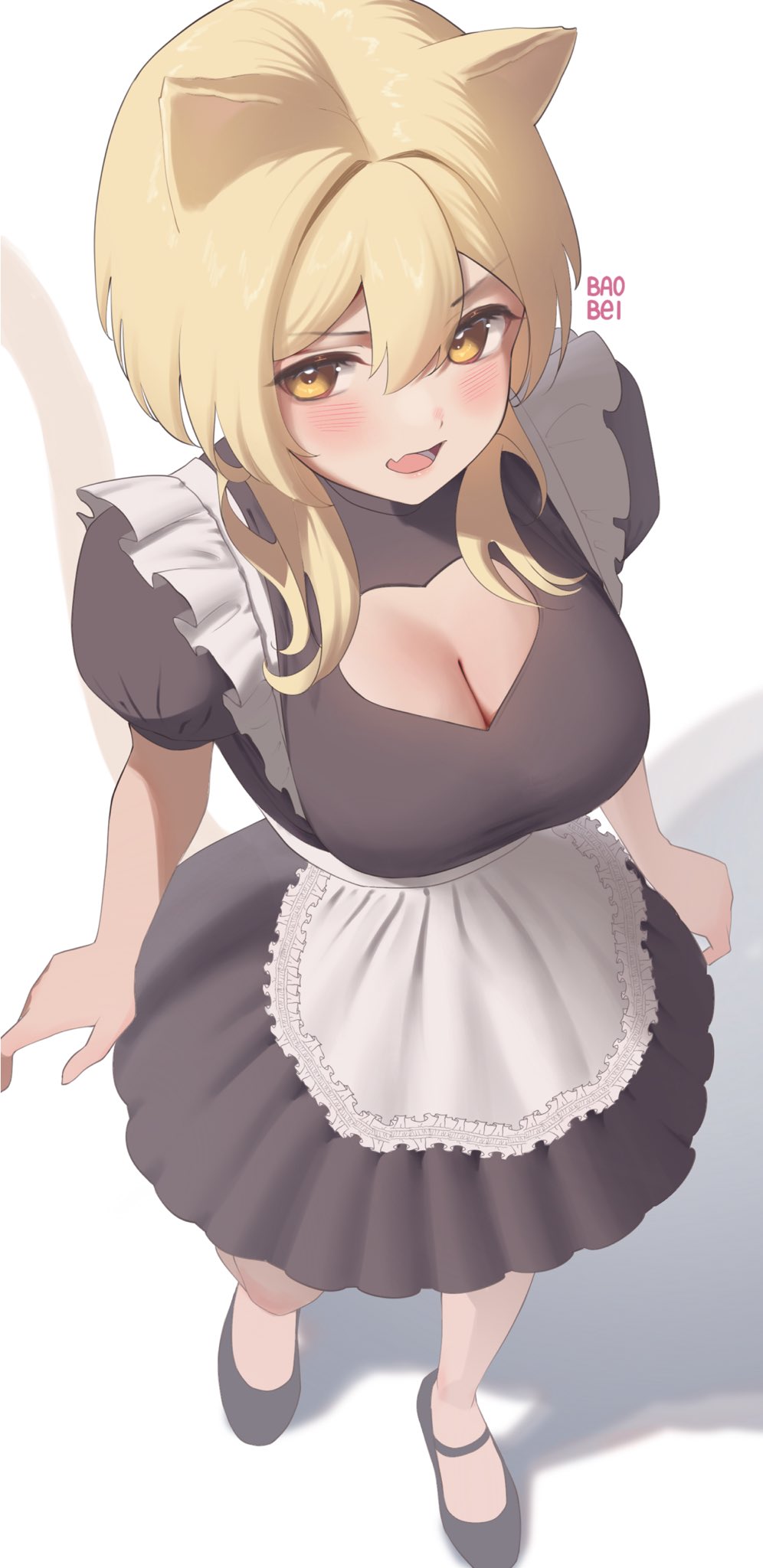 1girl alternate_costume animal_ears apron artist_name baobei_(baobei_bu) black_dress black_footwear blonde_hair blush breasts cat_ears cat_tail cleavage cleavage_cutout clothing_cutout dress english_commentary enmaided fang frills full_body genshin_impact hair_between_eyes heart_cutout highres kemonomimi_mode large_breasts looking_at_viewer lumine_(genshin_impact) maid open_mouth puffy_short_sleeves puffy_sleeves shadow shoes short_hair short_sleeves sidelocks simple_background skin_fang solo standing tail teeth tongue v-shaped_eyebrows white_apron white_background yellow_eyes